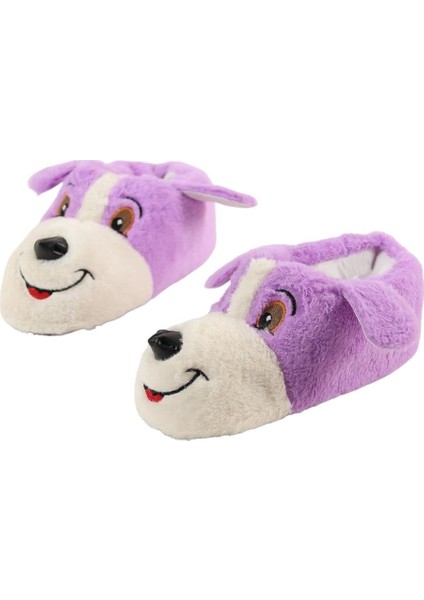 Unisex Sevimli Köpek Figürlü Kaymaz ve Ses Yapmaz Taban Ev Panduf Lila