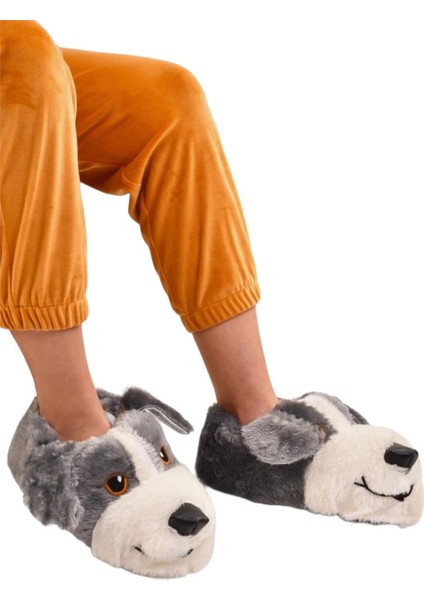 Unisex Sevimli Köpek Figürlü Kaymaz ve Ses Yapmaz Taban Ev Panduf Gri modelleri