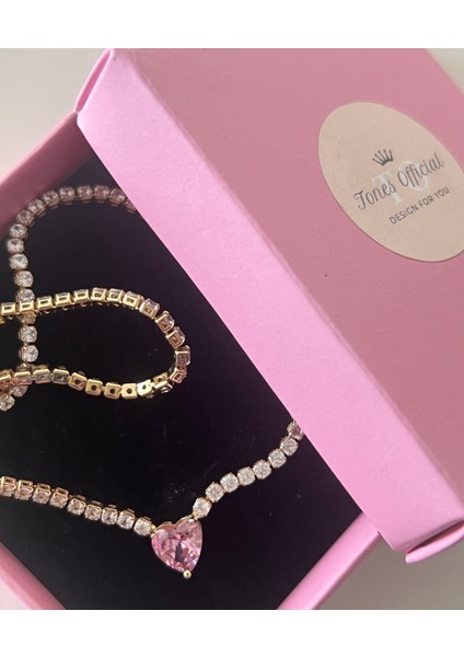 Kararmaz Çelik Zirkon Taşlı Pembe Kalp Choker Kolye modelleri