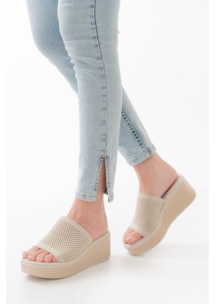 232-460 Bej Triko Günlük Dolgu Topuk Kadın Terlik modelleri