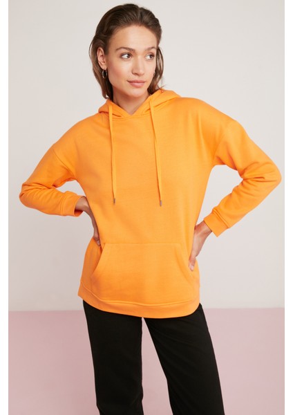 Diane Kadın İçi Polarlı Yumuşacık Comfort Fit Kapüşonlu Turuncu Sweatshirt