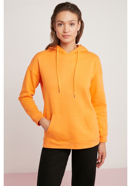 Diane Kadın İçi Polarlı Yumuşacık Comfort Fit Kapüşonlu Turuncu Sweatshirt