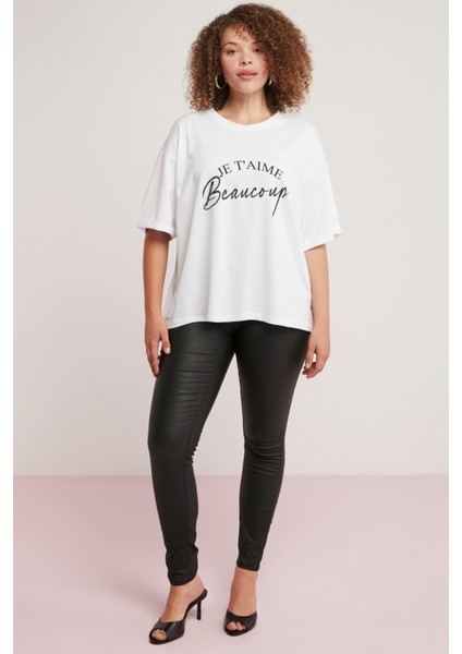 Olivera Kadın Pamuk Önü Baskılı Oversize Beyaz Büyük Beden T-Shirt