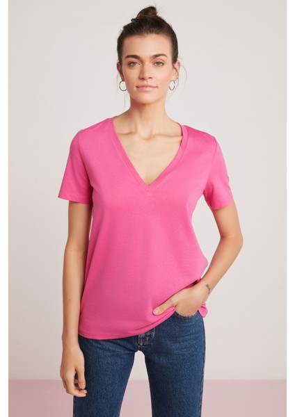 Mabel Kadın Pamuk V Yaka Yarım Kollu Pembe T-Shirt