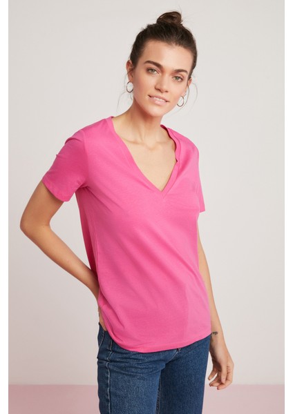 Mabel Kadın Pamuk V Yaka Yarım Kollu Pembe T-Shirt