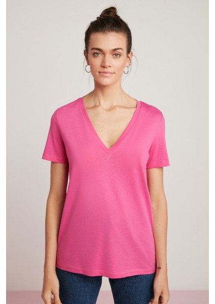 Mabel Kadın Pamuk V Yaka Yarım Kollu Pembe T-Shirt