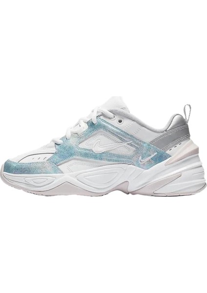 M2K Tekno Leather Unisex Sneaker Hakiki Deri Spor Ayakkabı Beyaz Simli Mavi Yükseklik 4cm