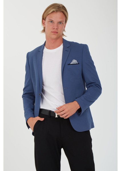 G-193 Dar Kalıp Örme Kumaş Indigo Erkek Blazer Ceket