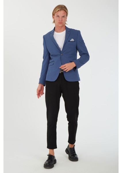 G-193 Dar Kalıp Örme Kumaş Indigo Erkek Blazer Ceket
