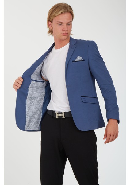 G-193 Dar Kalıp Örme Kumaş Indigo Erkek Blazer Ceket