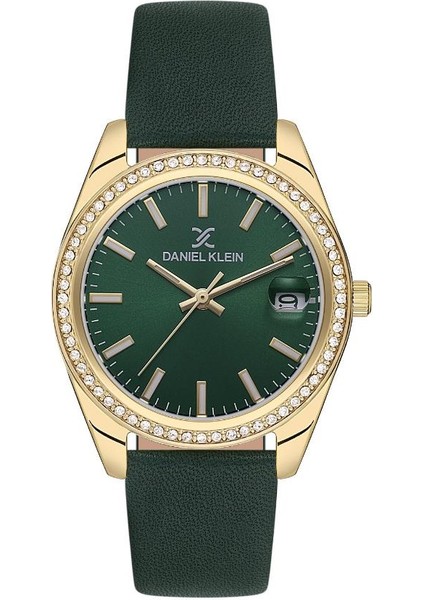 DK.1.13597-4 Deri Kordon Taşlı Tasarım Yeşil Kadın Kol Saati