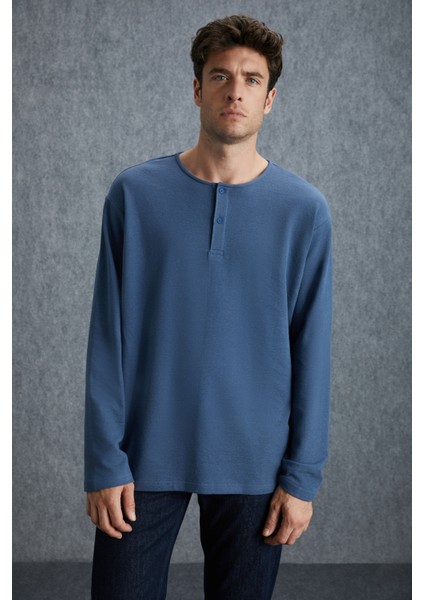 Lorenzo Erkek Özel Dokulu Kumaşlı %100 Pamuk Düğme Detaylı Regular Indigo Sweatshirt