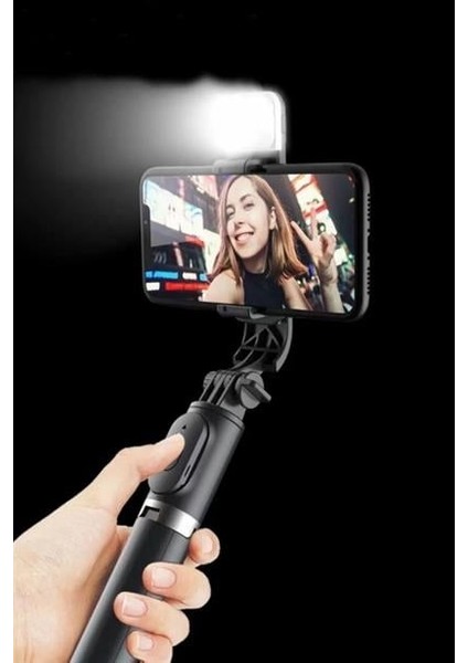 Sanec Kendiliğinden Işıklı Masaüstü Tripod Olabilen Telefon Tutuculu Kablosuz Kumandalı Selfie Çubuğu