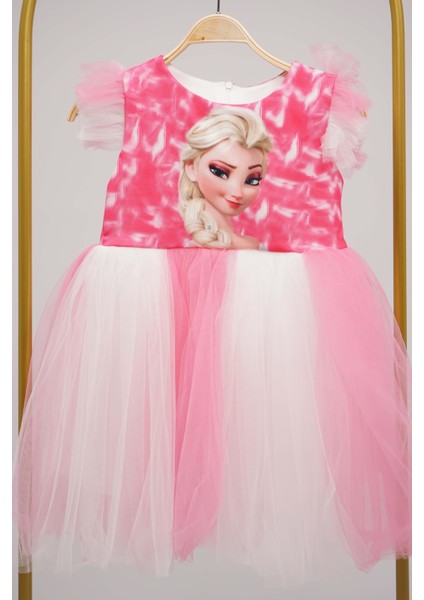 Kız Çocuğu Elsa Barbie Desenli Elbise Abiye