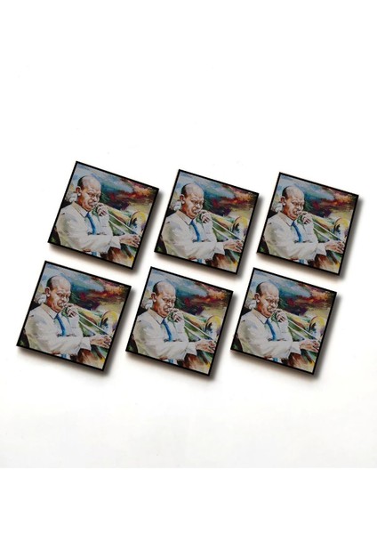 Kare Ahşap Bardak Altlığı 12'li Tronbon Çalan Müzisyen Yağlıboya Retro Tarz 10X10 12 Adet