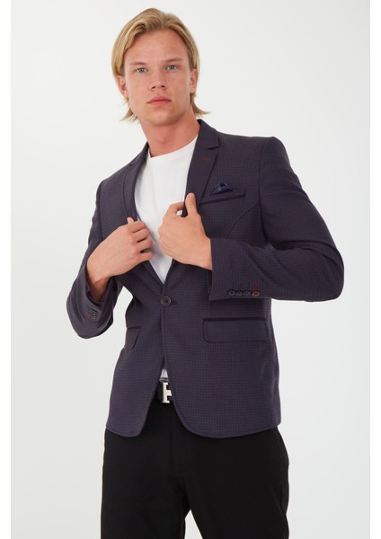 G-211 Dar Kalıp Desenli Lacivert Erkek Blazer Ceket