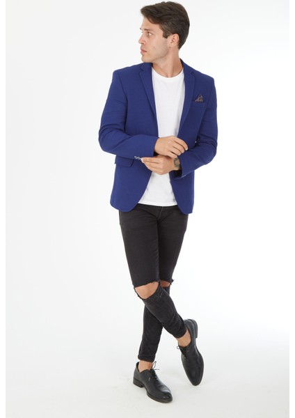 G-221 Dar Kalıp Örme Kumaş Açık Lacivert Erkek Blazer Ceket fiyatları