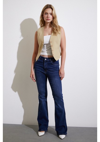 Yüksek Bel Ispanyol Paça Jean Koyu Lacivert fiyatları