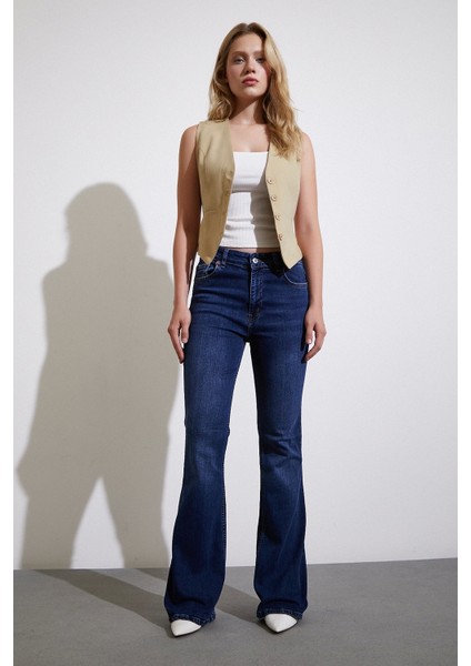 Yüksek Bel Ispanyol Paça Jean Koyu Lacivert modelleri