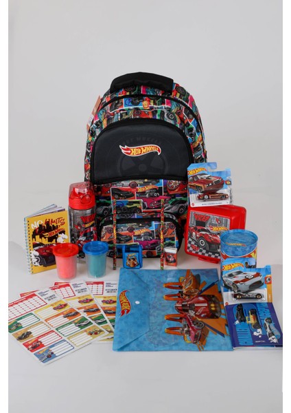 Yeni Sezon Lisanslı Hot Wheels Okul,kalem Çantası Ile Matara,beslenme Kabı ve Kırtasiye Seti Çıtçıt Dosya,kalem,silgi,kumbara,kalemtraş,resim Defteri,okul Etiketi