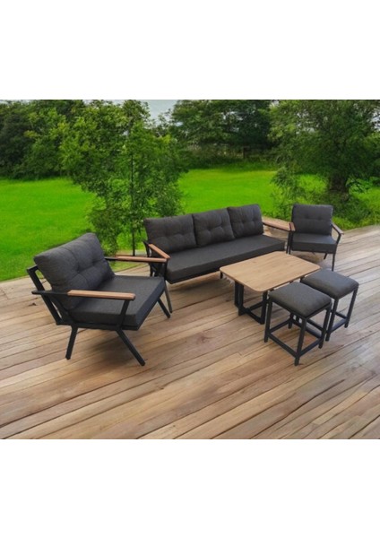 Pi Locca Bahçe ve Balkon Mobilyası Antrasit 3+1+1 Sehpa ve 2 Puflu
