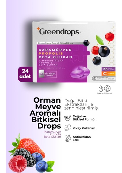 Bitkisel Drops Boğaz Pastili - Orman Meyve Aromalı - Kara Mürver, Propolis, Beta Glukan