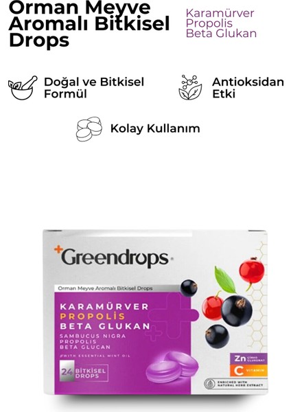 Bitkisel Drops Boğaz Pastili - Orman Meyve Aromalı - Kara Mürver, Propolis, Beta Glukan fiyatları