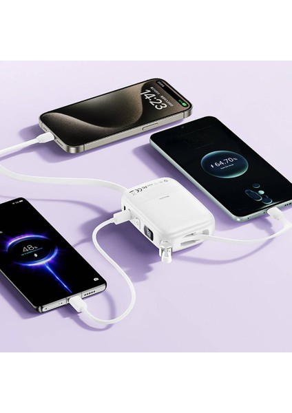 WI-P042 Monaco Seri 10000mAh Lightning ve Type-C Kablolu Dijital Ekranlı Askılı Powerbank Beyaz