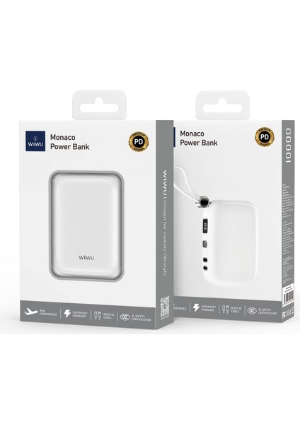 WI-P042 Monaco Seri 10000mAh Lightning ve Type-C Kablolu Dijital Ekranlı Askılı Powerbank Beyaz