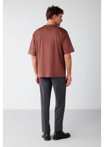 Joel Erkek %100 Organik Pamuklu Kalın Kumaşlı Özel Dokulu Etiket Detaylı Oversize Bordo T-shirt