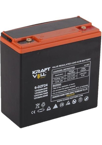 Aku 12V 23 Ah (2hr) 25 Ah (5hr) 27 Ah (10HR) 28 Ah (20HR) Vrla Agm E-Bıke 7,00 kg 6-Dzf-24 (180X79X