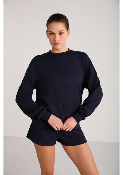 Maısıe Kadın Organik Pamuklu Comfort Fit Bisiklet Yaka Lacivert Sweatshirt