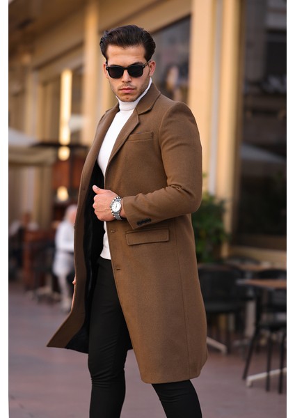 Erkek Taba Dar Kesim Uzun Yün Karışımlı Kaşe Kaban