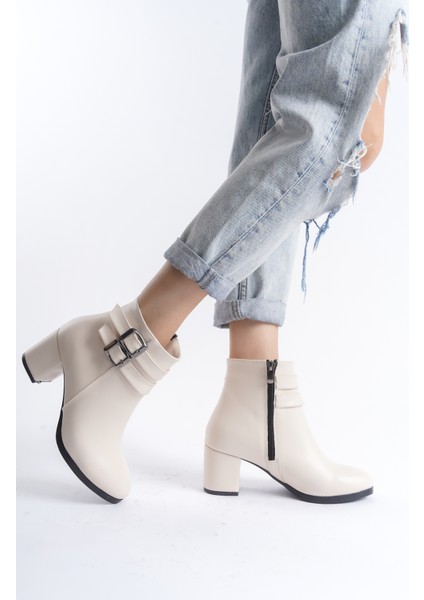 Kadın Bej Suni Deri Çift Tokalı Kısa Bot Düz Topuklu Rahat Tasarım 2024 Sonbahar-Kış