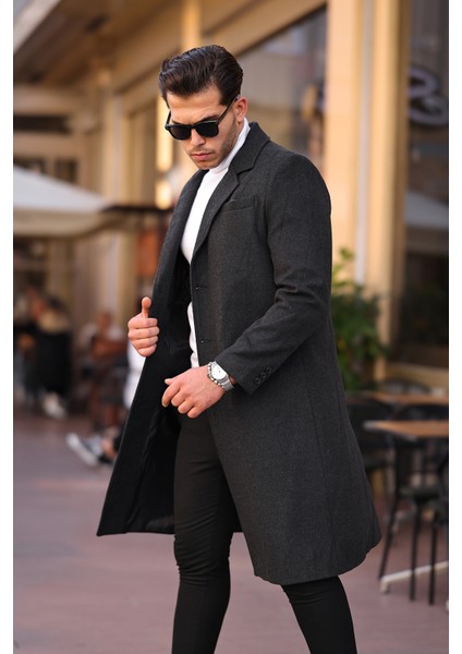 Erkek Antrasit Dar Kesim Uzun Yün Karışımlı Kaşe Kaban fiyatları