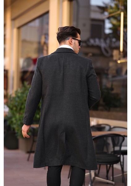 Erkek Antrasit Dar Kesim Uzun Yün Karışımlı Kaşe Kaban modelleri