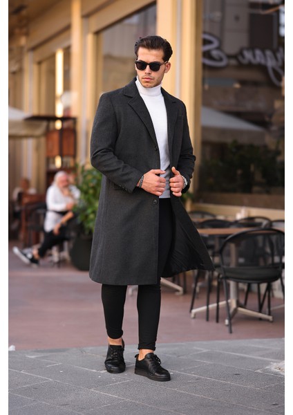 Erkek Antrasit Dar Kesim Uzun Yün Karışımlı Kaşe Kaban fırsatları