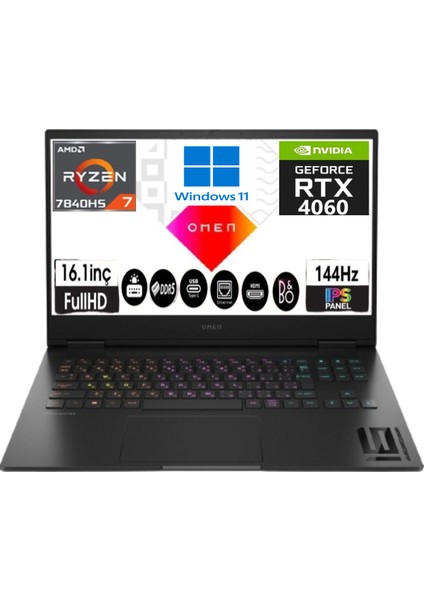 Hp Omen 16-0000NT 8X168EA02 Ryzen 7 7840HS 32 GB Ram 512 GB SSD RTX4060 16.1" Full Hd Windows 11 Gaming Laptop