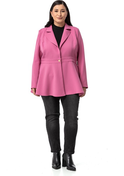 Büyük Beden Tek Düğmeli Belde Bant Detaylı Kloş Astarsız Gül Kurusu Ceket