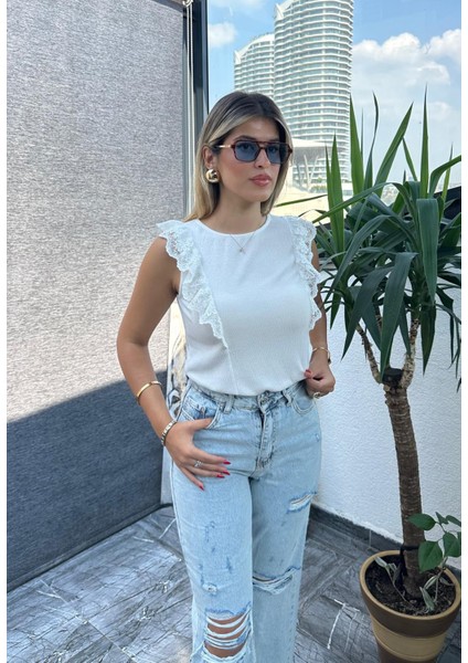 Kadın Bluz Dantel Detaylı Yumuşak Polyester Viskoz Bisiklet Yaka Kolsuz modelleri