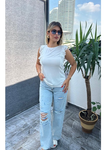 Kadın Bluz Dantel Detaylı Yumuşak Polyester Kumaş Bisiklet Yaka Kolsuz fiyatları