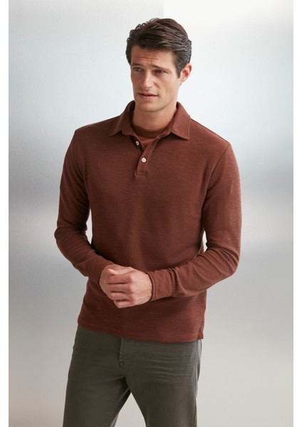 Tremont Erkek %100 Organik Pamuklu Slim Fit Dokulu Kumaşlı Polo Yaka Uzun Kol Kiremit Rengi T-shirt
