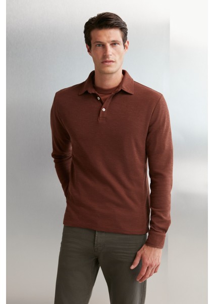 Tremont Erkek %100 Organik Pamuklu Slim Fit Dokulu Kumaşlı Polo Yaka Uzun Kol Kiremit Rengi T-shirt fırsatları