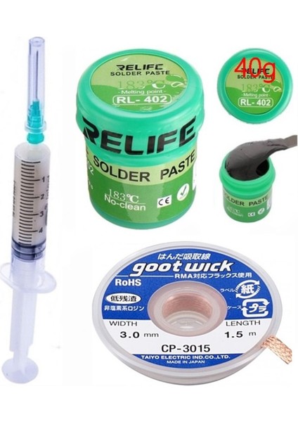 Relıfe RL-402 Krem Lehim Solder Paste 183°C Noclean SN63/PB67 40G Lehim Toplama CP-3015 Emme TELI3MM