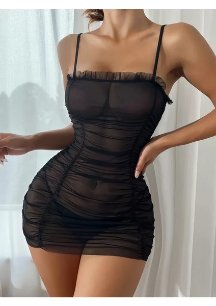 Siyah Transparan Iç Gösteren Tül Detaylı Askılı Gecelik modelleri