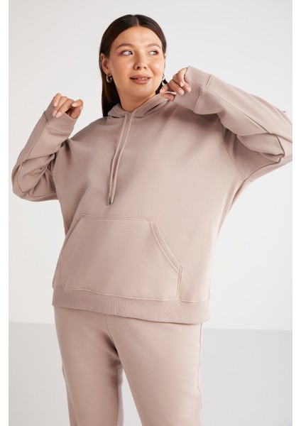 Terezabb Kadın İçi Polarlı Yumuşacık Comfort Fit Kapüşonlu Kanguru Cep Pembe Büyük Beden Sweatshirt