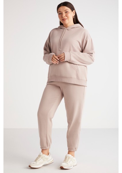 Terezabb Kadın İçi Polarlı Yumuşacık Comfort Fit Kapüşonlu Kanguru Cep Pembe Büyük Beden Sweatshirt