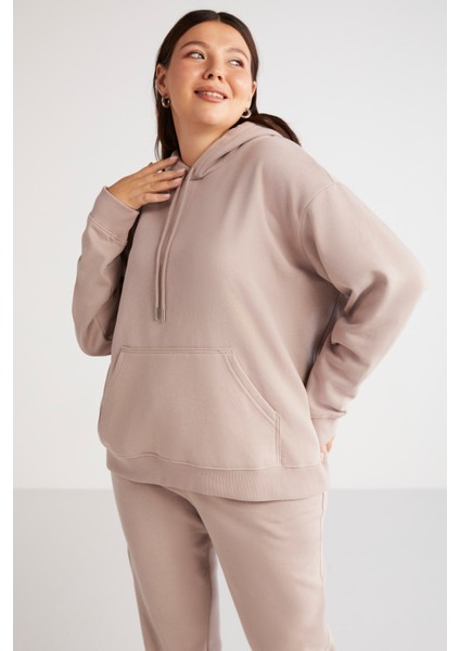 Terezabb Kadın İçi Polarlı Yumuşacık Comfort Fit Kapüşonlu Kanguru Cep Pembe Büyük Beden Sweatshirt