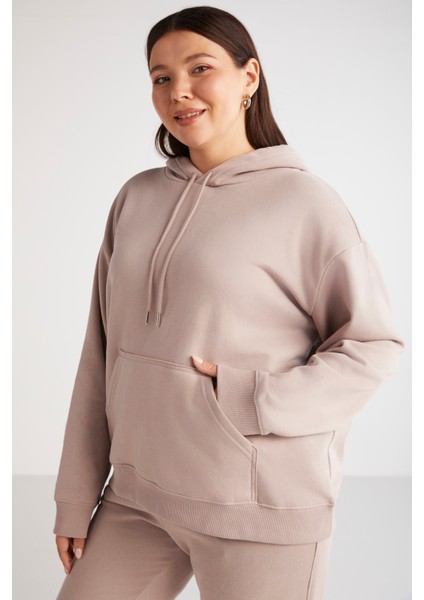 Terezabb Kadın İçi Polarlı Yumuşacık Comfort Fit Kapüşonlu Kanguru Cep Pembe Büyük Beden Sweatshirt