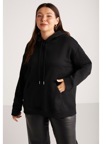 Terezabb Kadın İçi Polarlı Yumuşacık Comfort Fit Kapüşonlu Kanguru Cep Siyah Büyük Beden Sweatshirt modelleri